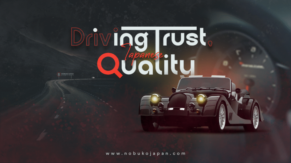 A graphic illustrating the phrase "Driving Trust is Quality" with a background of a road and a clear blue sky