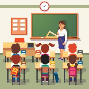 Illustration of a teacher standing by a chalkboard teaching a classroom of young students seated at desks.